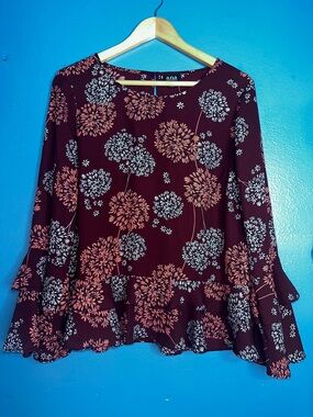 a.n.a Burgundy Floral Ruffle-Hem Bell Sleeve Blouse